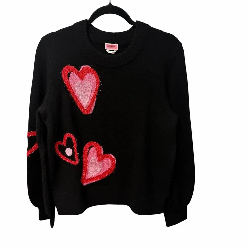 Kate Spade Overlapping Hearts Sweater Wool Blend Black Red Pink Womens XL